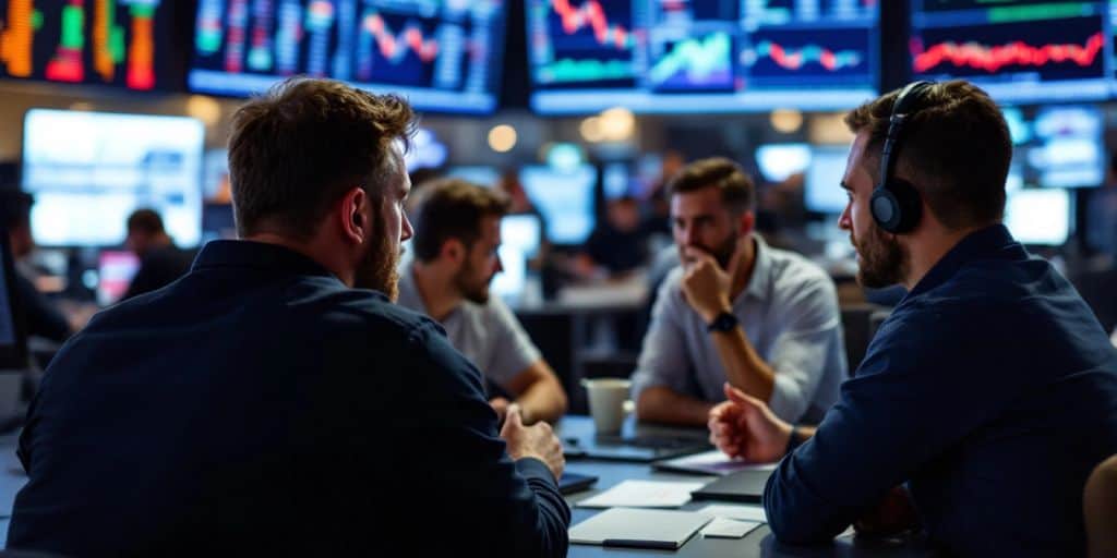 Traders collaborating in a bustling Australian trading floor.