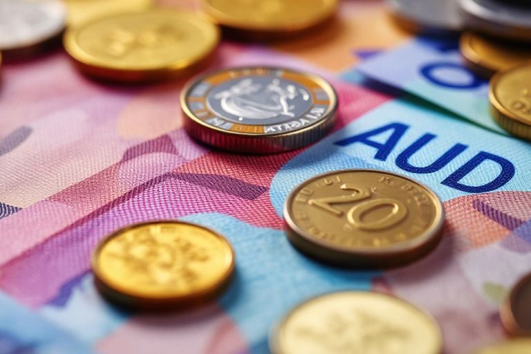 Australian currency notes and coins arranged artistically.