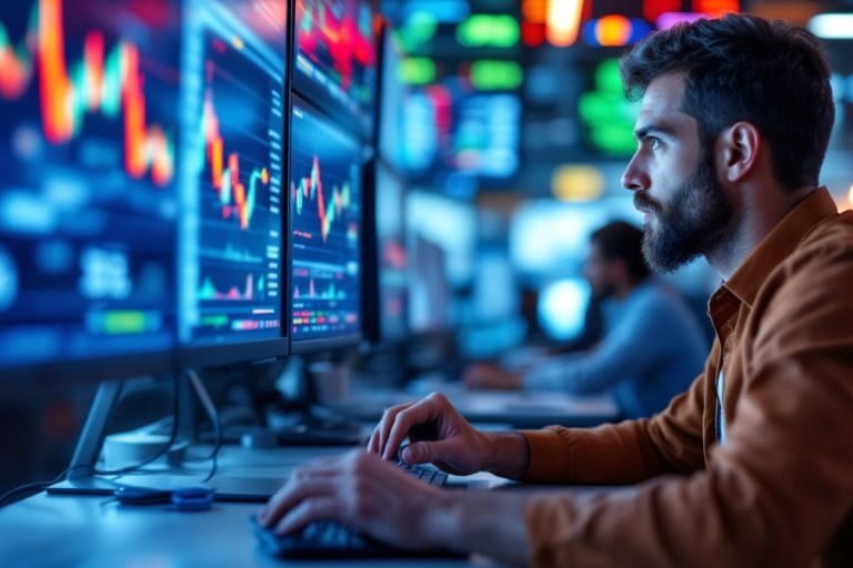 Traders in action in a bustling trading office.