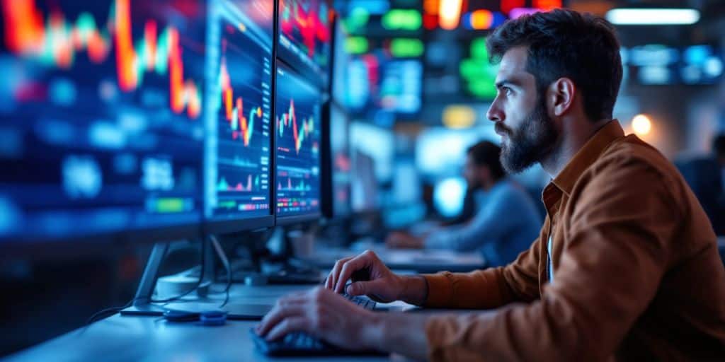 Traders in action in a bustling trading office.