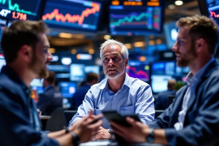 Traders discussing strategies in a bustling stock market.