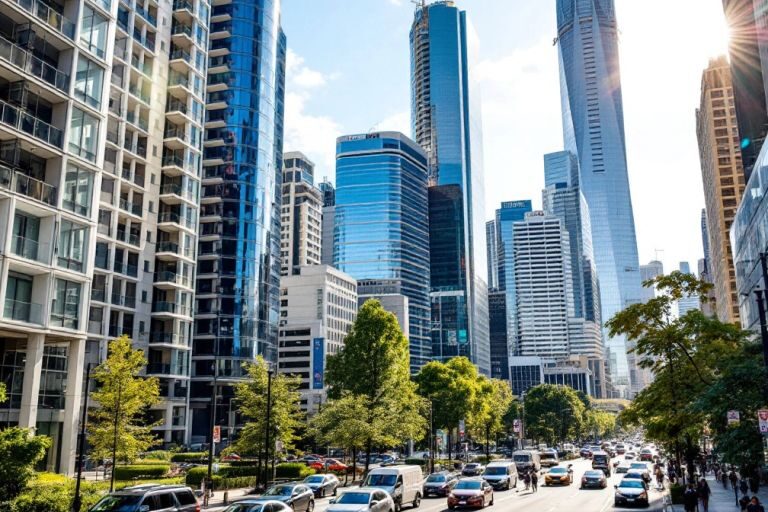 Financial district in Australia with busy streets and skyscrapers.