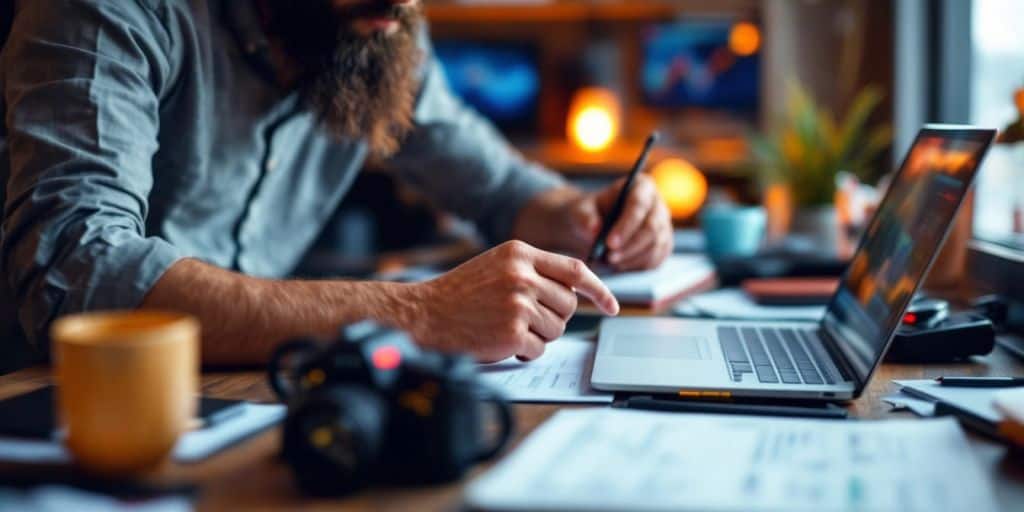 Trader analyzing market trends in a vibrant workspace.