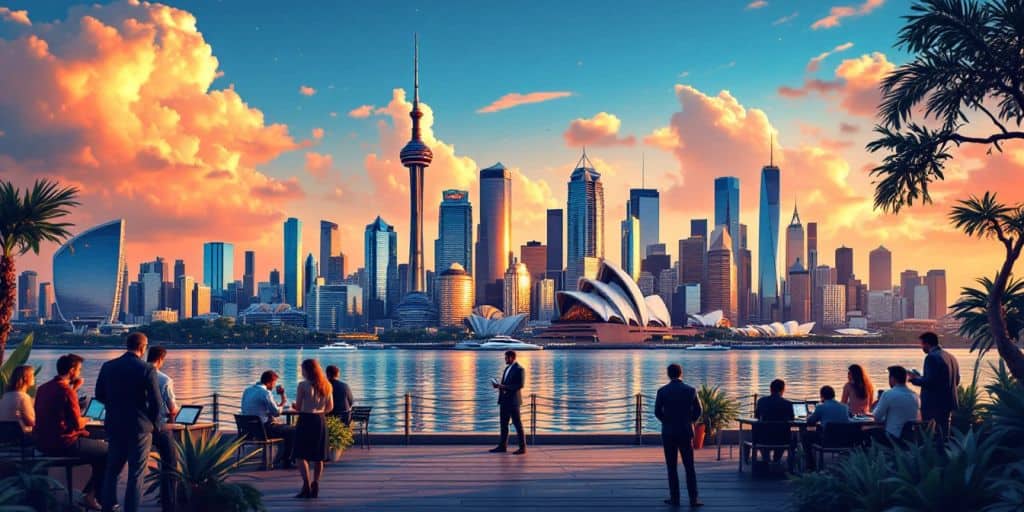 Australian city skyline with traders discussing strategies.
