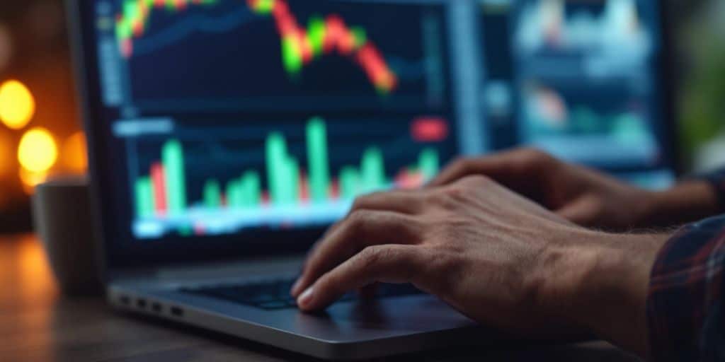 Trader focused on laptop in a modern setting.