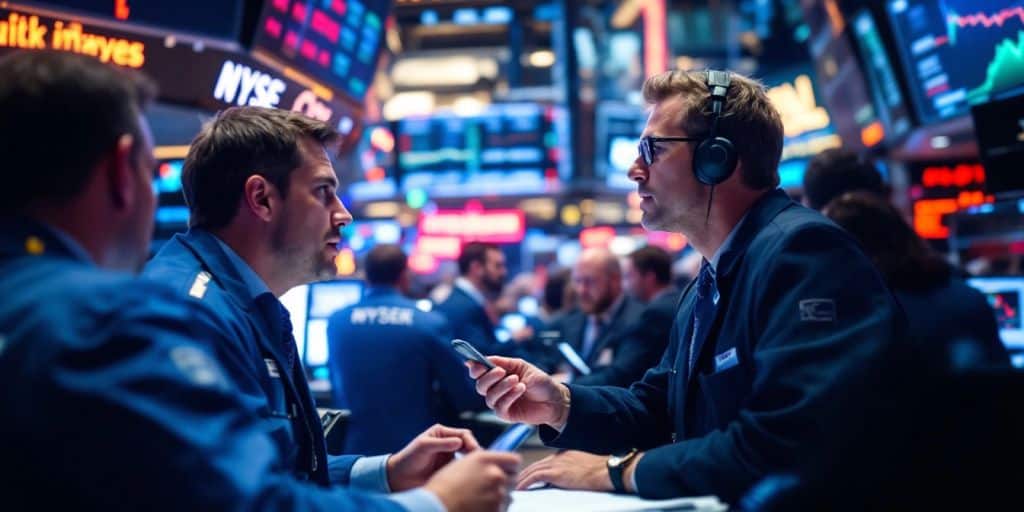 Traders engaging in transactions on a stock exchange floor.