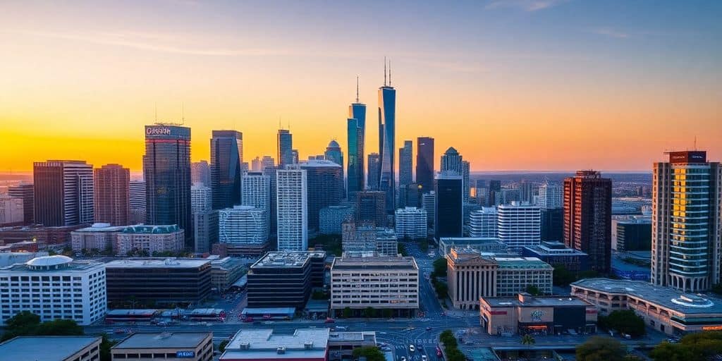 Australian skyline at sunset with city life.