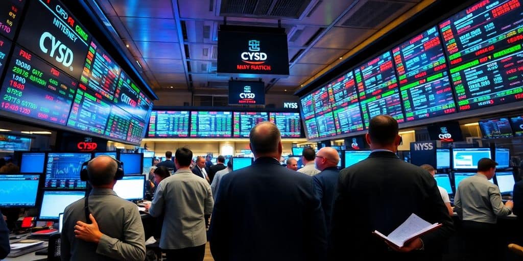 Traders engaged in active discussions on a trading floor.