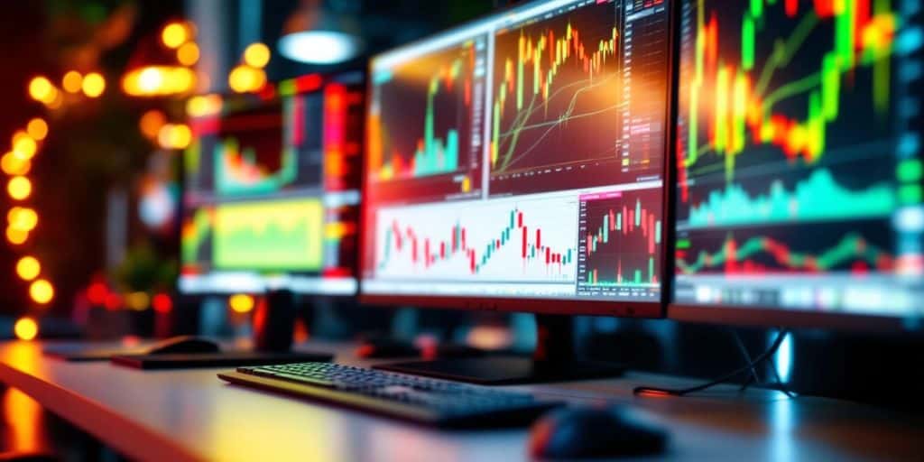 Photograph of a trading workspace with monitors.