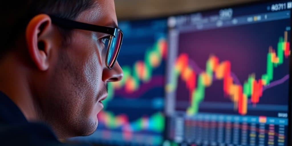 Trader analyzing market data on computer screen.