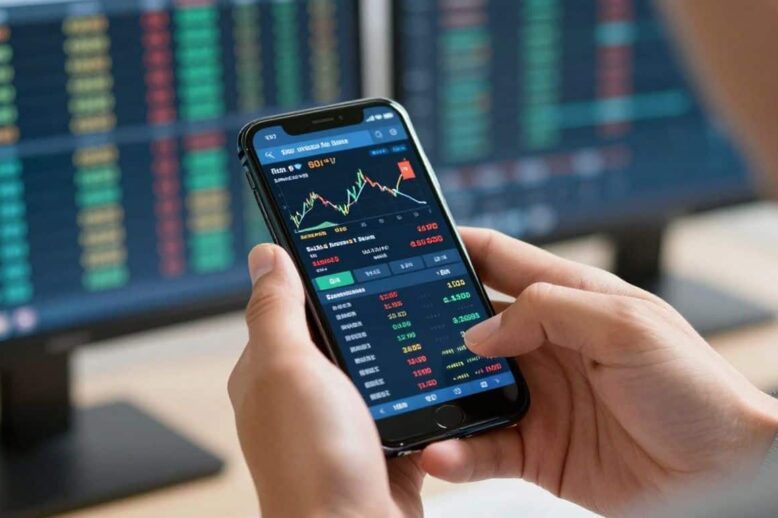 Trader analyzing market on smartphone