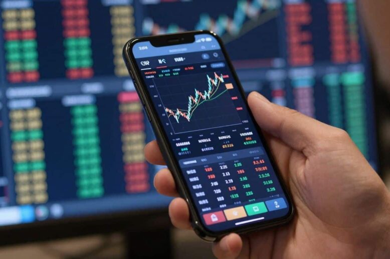 Person trading CFDs on a mobile phone in Australia.