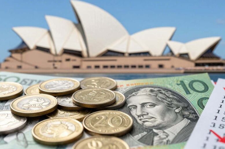 Australian dollar coins and stock market ticker tape.