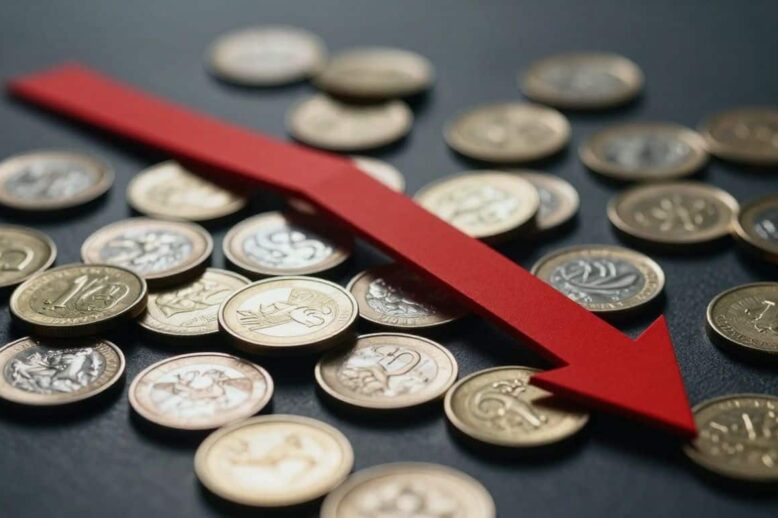 Australian dollars and a red downward arrow.