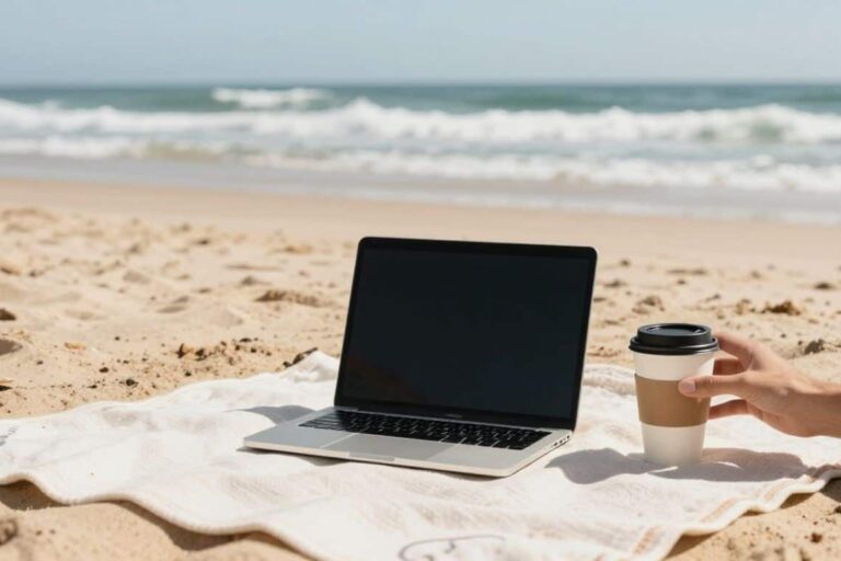 Australian beach with laptop, coffee, and ocean waves.