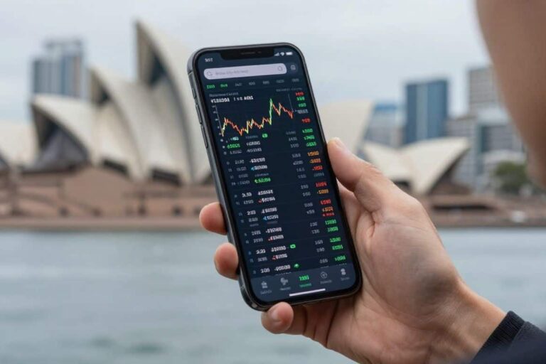 Trader using phone with Australian cityscape background.