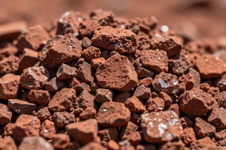 Iron ore chunks piled high, Australian context.