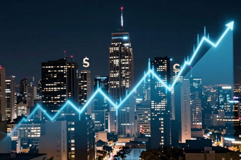 Australian night skyline with financial overlays.