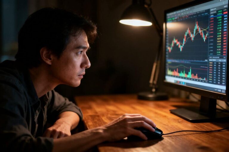 Trader at desk with financial data on screen.