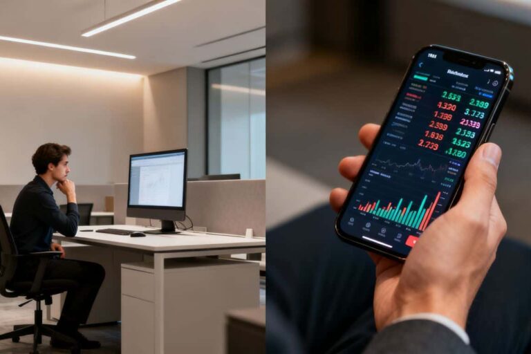 CMC Markets review: Brokerage office and financial data on screen.