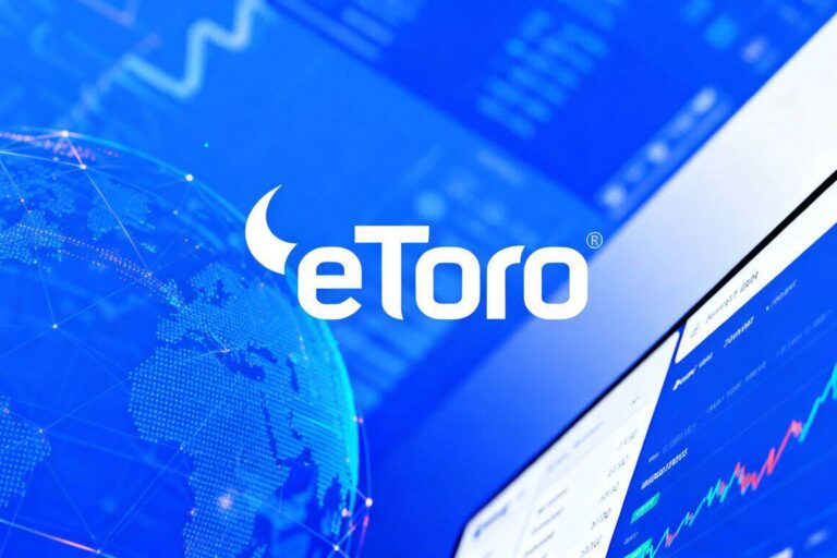 eToro trading platform interface with blue and white theme.