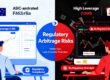 A split-screen illustration of ASIC-regulated forex trading in Australia versus a high-leverage offshore broker, highlighting the hidden risks of regulatory arbitrage