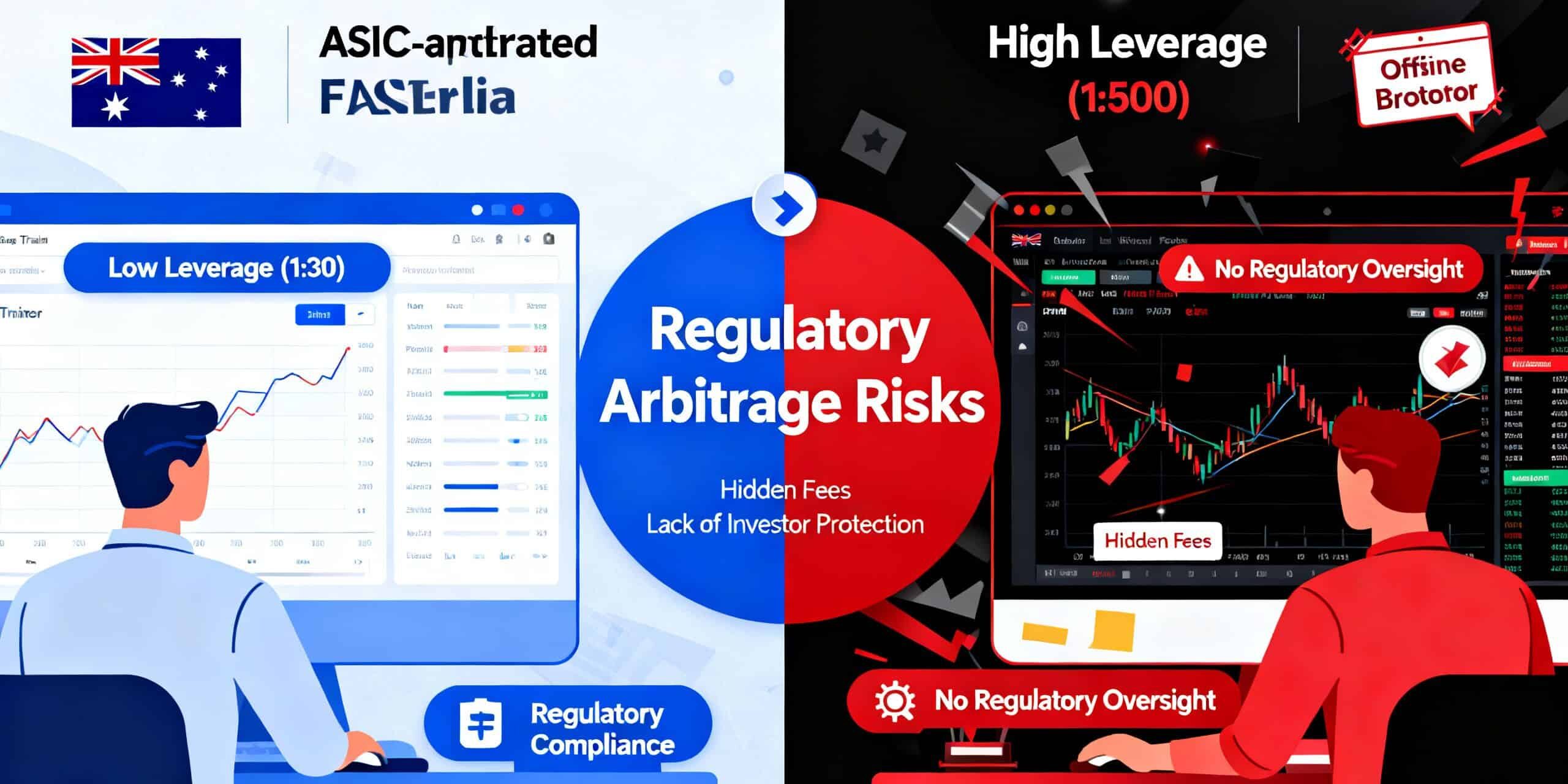 A split-screen illustration of ASIC-regulated forex trading in Australia versus a high-leverage offshore broker, highlighting the hidden risks of regulatory arbitrage
