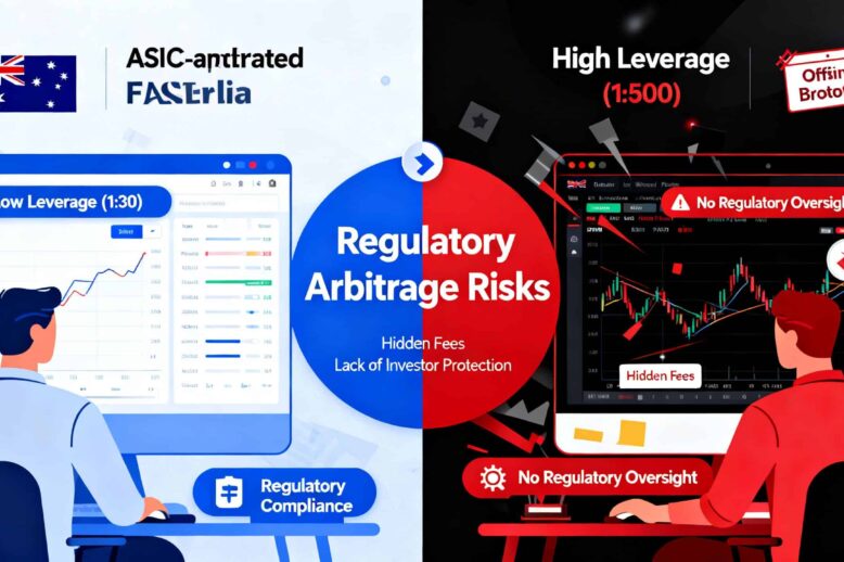 A split-screen illustration of ASIC-regulated forex trading in Australia versus a high-leverage offshore broker, highlighting the hidden risks of regulatory arbitrage