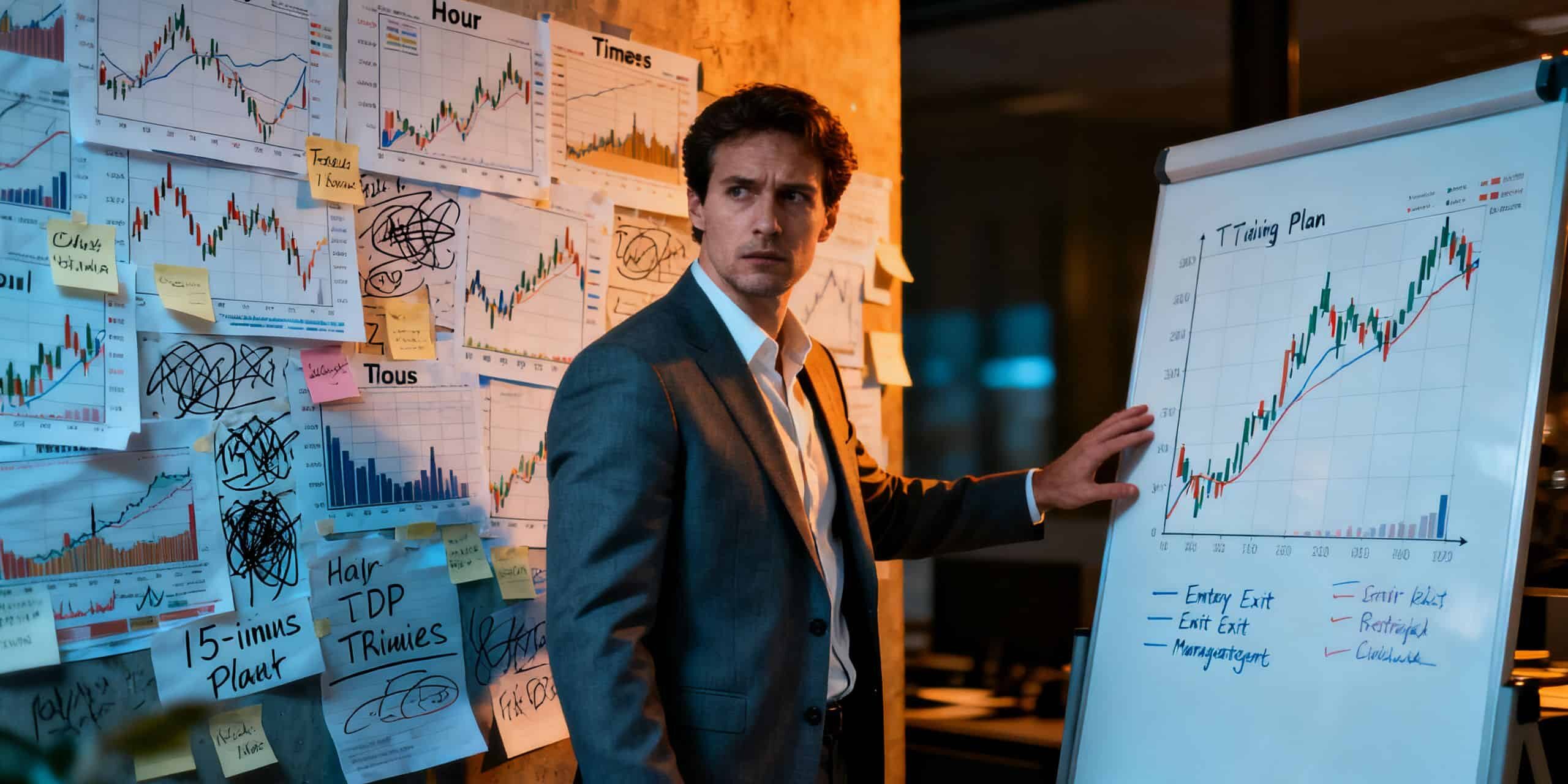 Retail CFD trader choosing between a cluttered wall of conflicting timeframes and a clear single-chart trading plan, dramatic realistic editorial scene