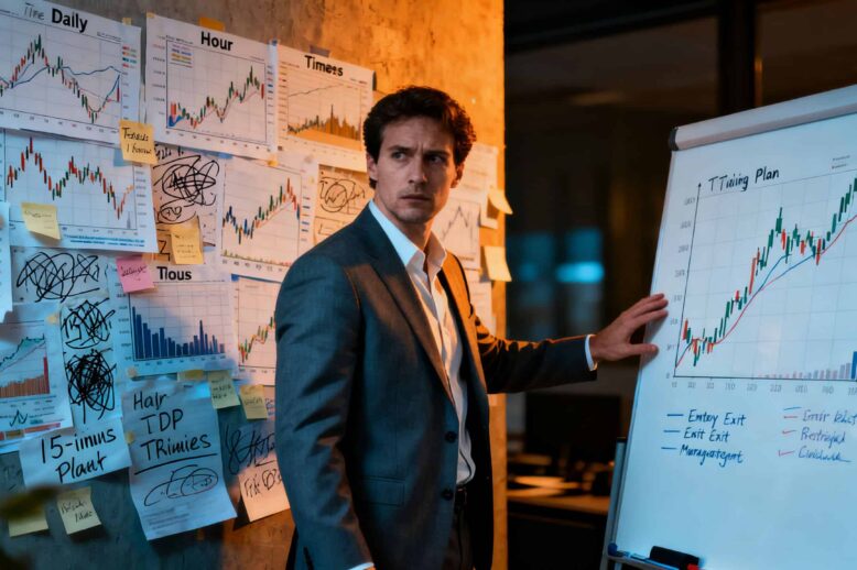 Retail CFD trader choosing between a cluttered wall of conflicting timeframes and a clear single-chart trading plan, dramatic realistic editorial scene