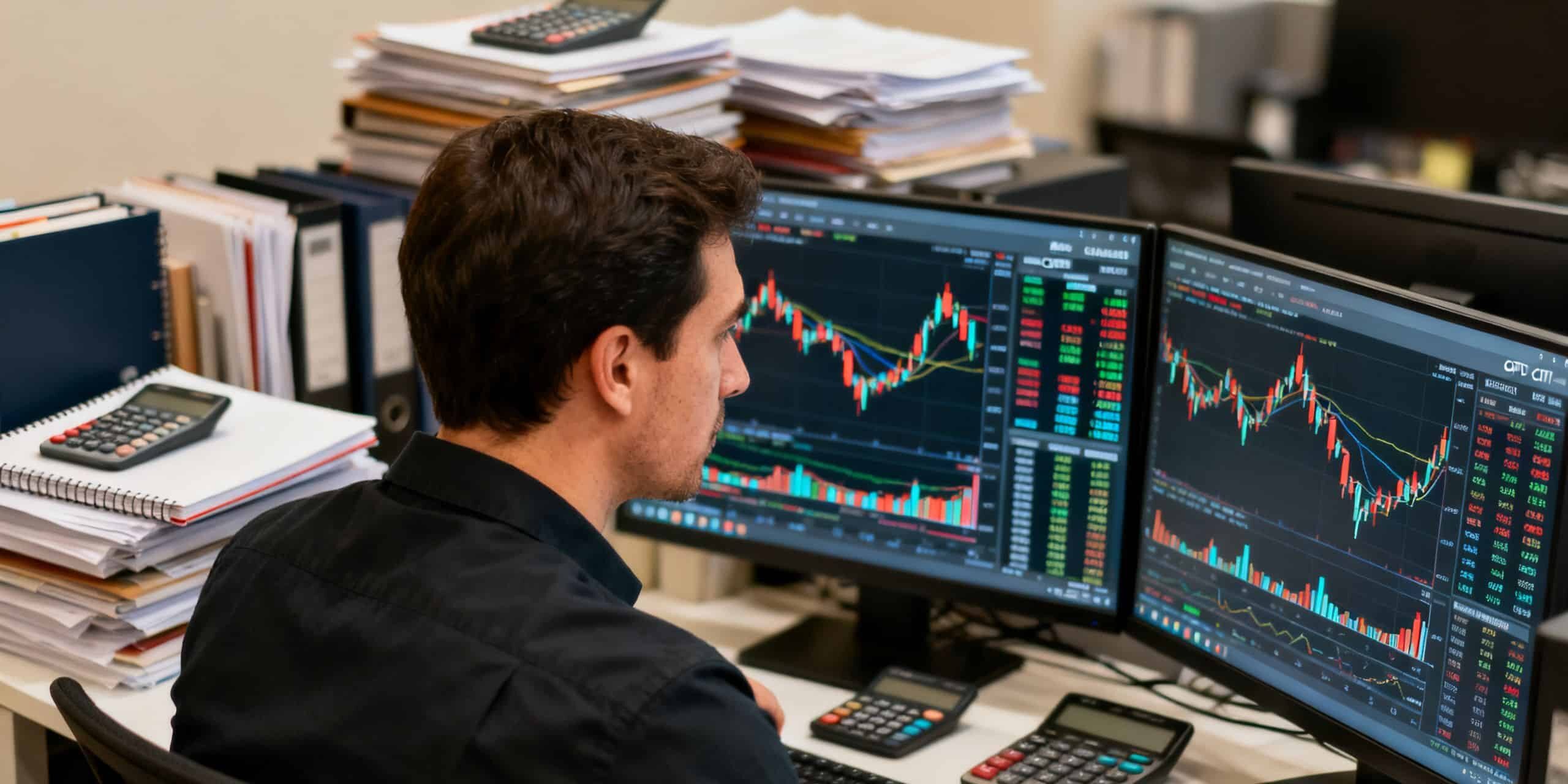 Focused Australian retail trader studying two or three CFD markets on multiple screens while a crowded assortment of other instruments fades into the background