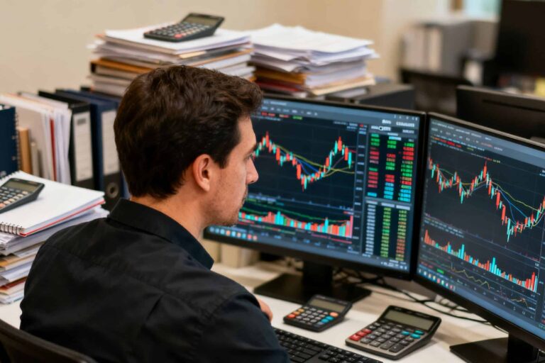 Focused Australian retail trader studying two or three CFD markets on multiple screens while a crowded assortment of other instruments fades into the background
