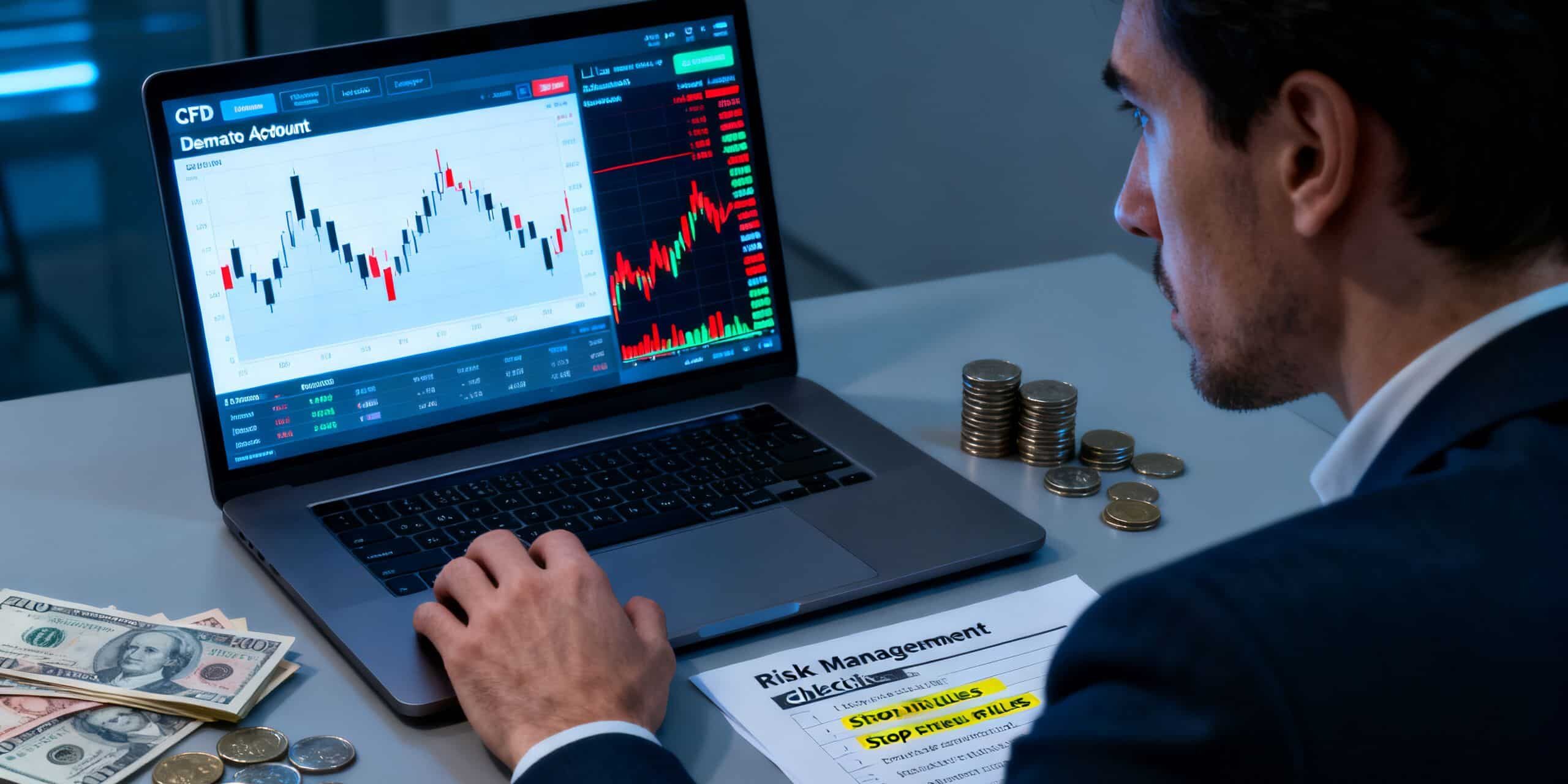 A CFD trader moving from a risk-free demo account to the emotional pressure of live trading, with market charts, real money, and disciplined risk management visible in the scene.