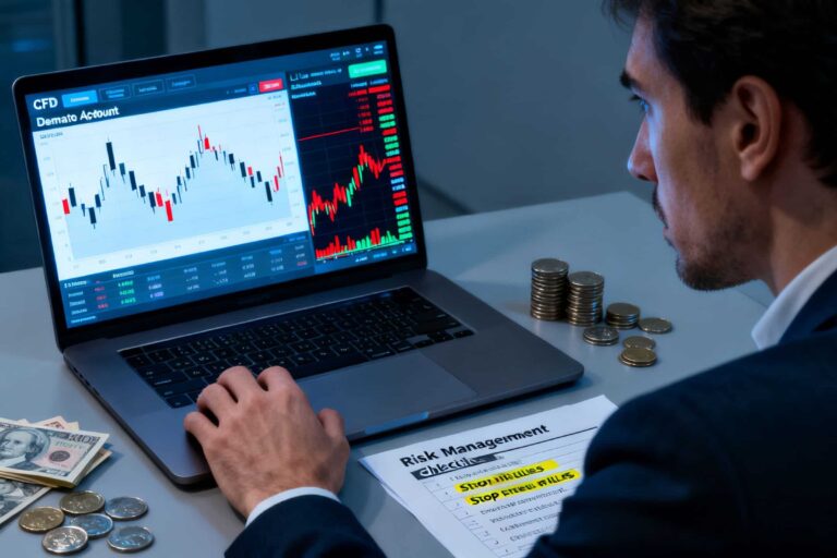 A CFD trader moving from a risk-free demo account to the emotional pressure of live trading, with market charts, real money, and disciplined risk management visible in the scene.