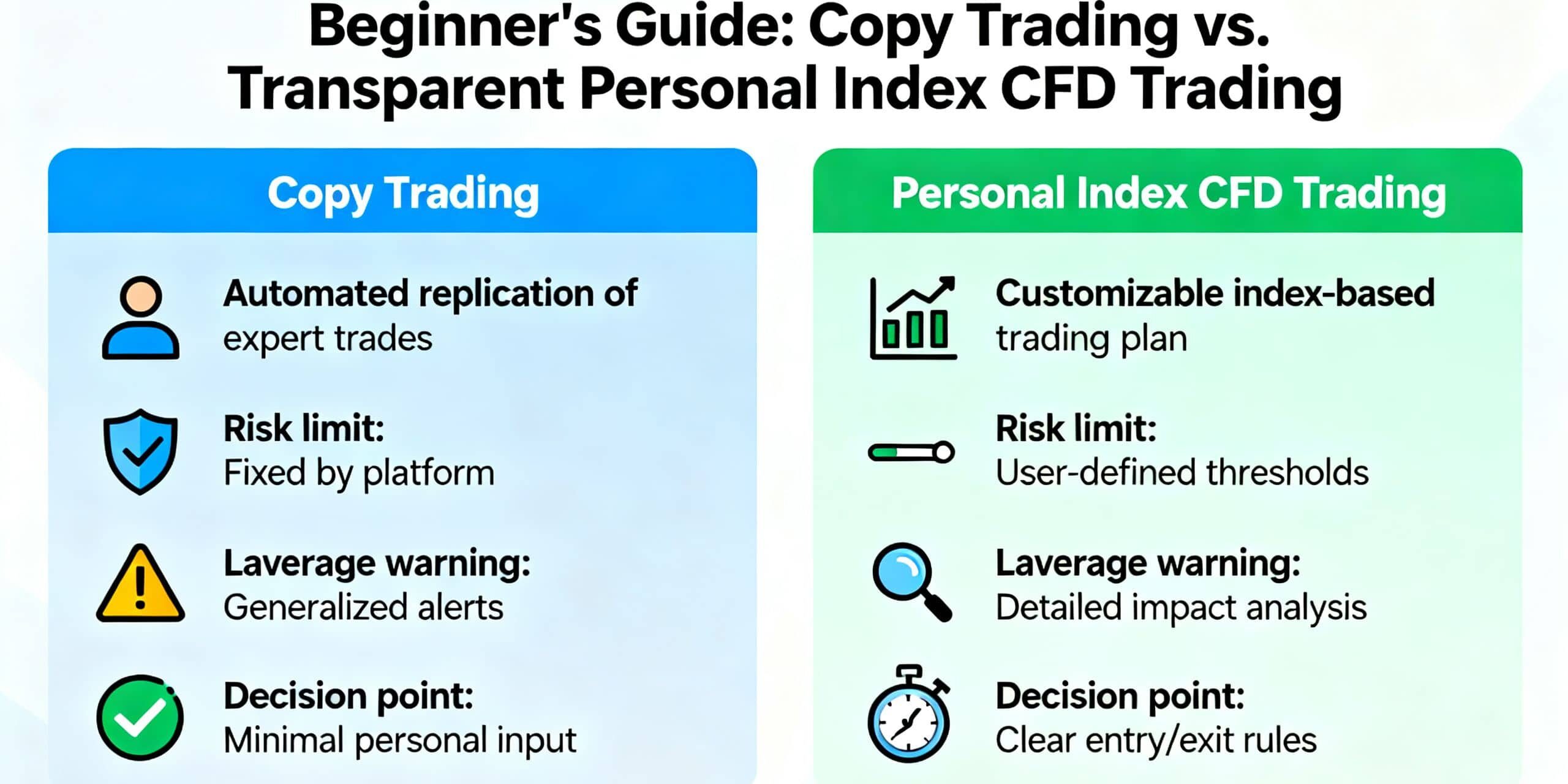 A beginner comparing copy trading with a transparent personal index CFD trading plan, featuring risk limits, leverage warnings, and clear decision points