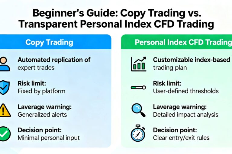 A beginner comparing copy trading with a transparent personal index CFD trading plan, featuring risk limits, leverage warnings, and clear decision points