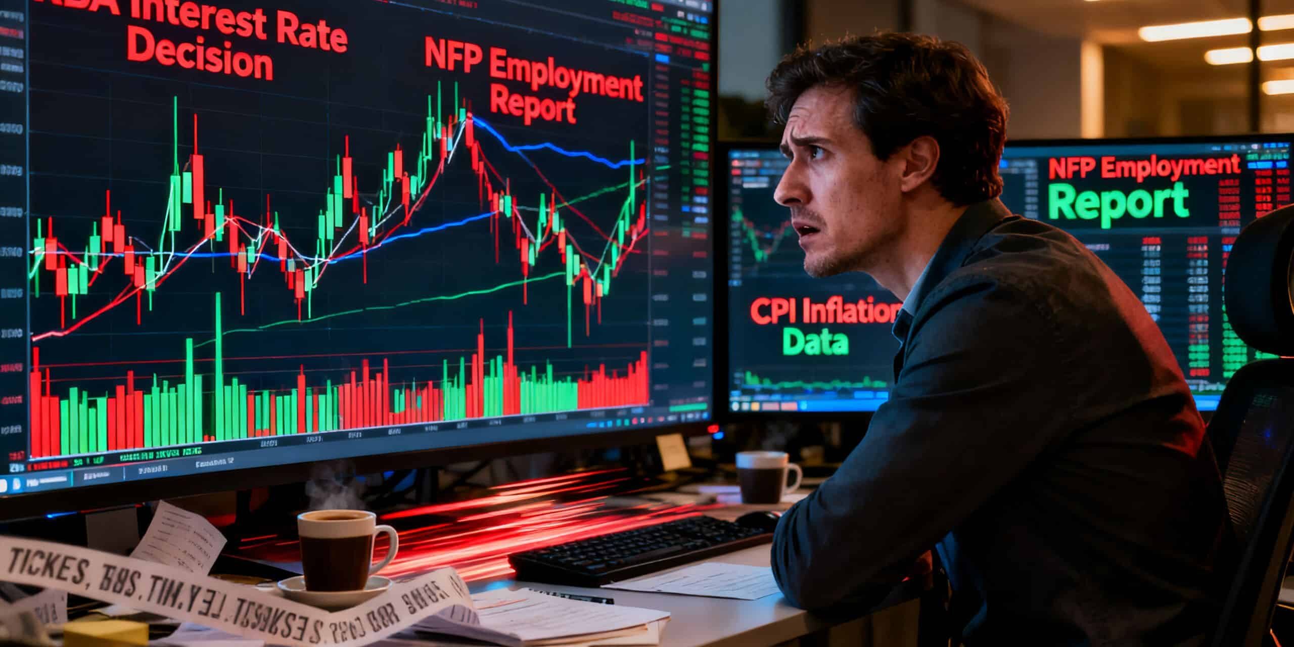 Dramatic financial market scene showing a retail CFD trader facing a volatile economic news release, with RBA, NFP, and CPI data on screens and widening spreads symbolized by chaotic price candles