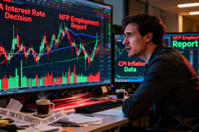 Dramatic financial market scene showing a retail CFD trader facing a volatile economic news release, with RBA, NFP, and CPI data on screens and widening spreads symbolized by chaotic price candles