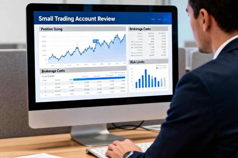 Australian retail trader reviewing a small trading account, position sizing, brokerage costs and risk limits on a financial chart