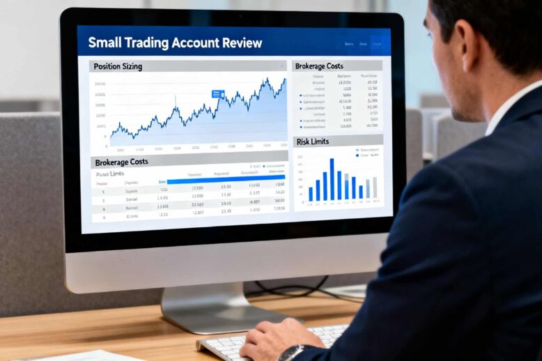 Australian retail trader reviewing a small trading account, position sizing, brokerage costs and risk limits on a financial chart