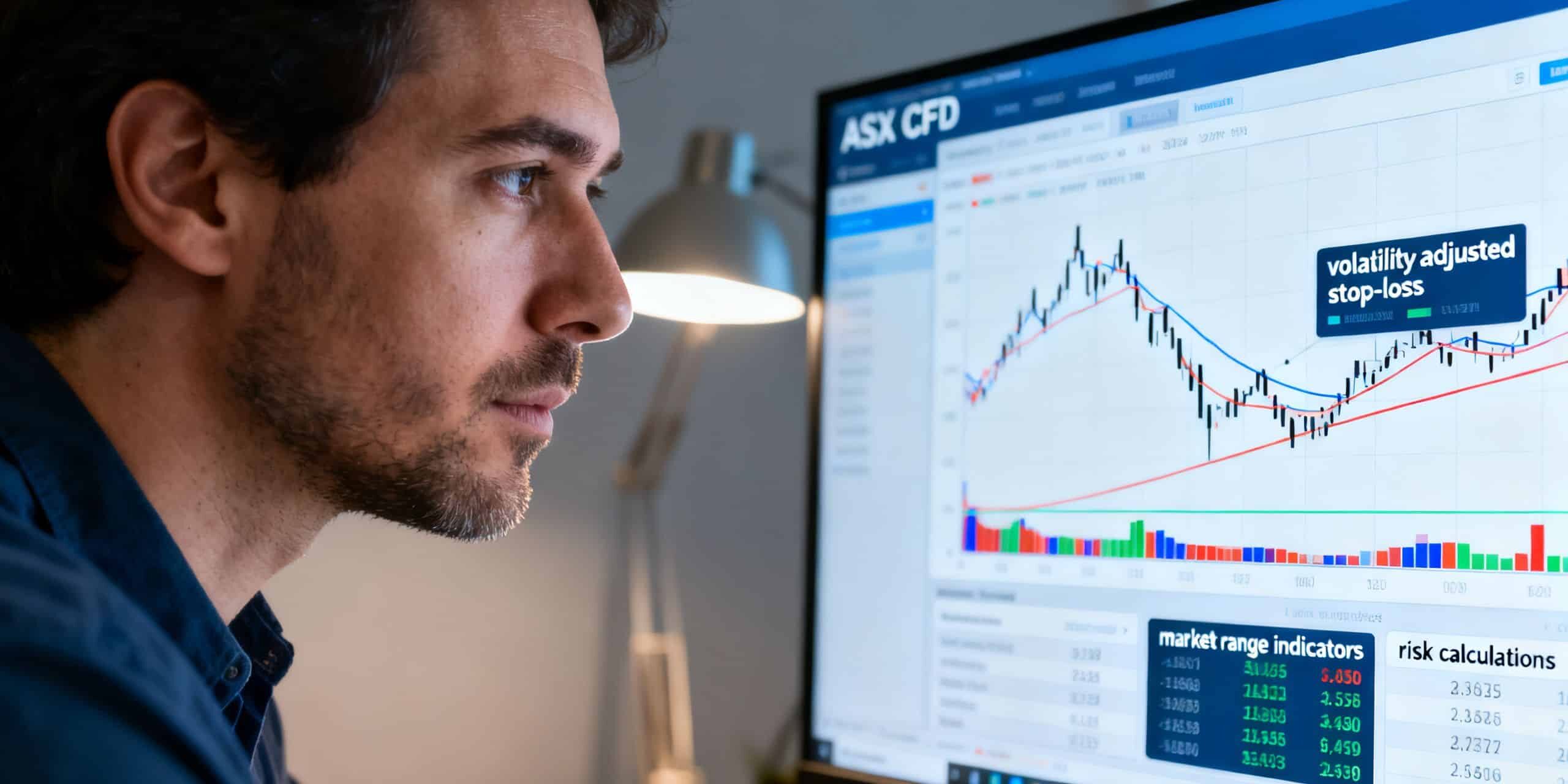 A focused trader reviewing an ASX CFD chart with a volatility-adjusted stop-loss, market range indicators and risk calculations on screen