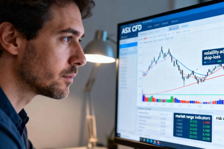 A focused trader reviewing an ASX CFD chart with a volatility-adjusted stop-loss, market range indicators and risk calculations on screen