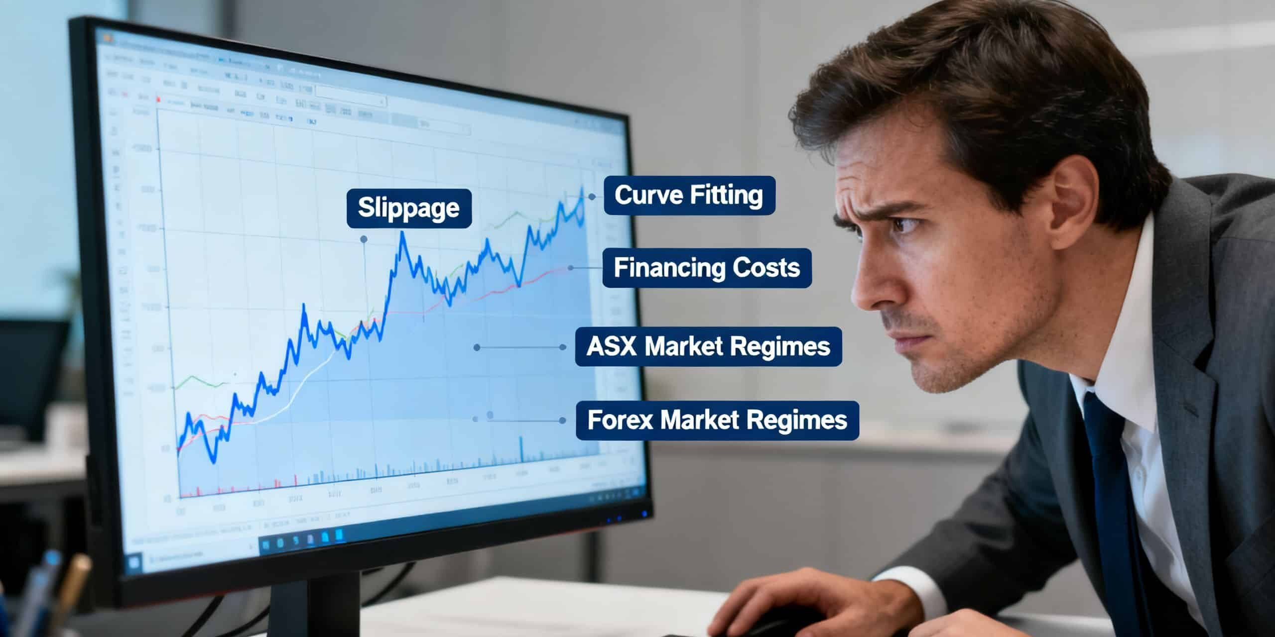 A skeptical CFD trader stress-testing a smooth backtest chart with overlays showing curve fitting, slippage, financing costs and changing ASX and forex market regimes