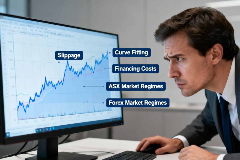 A skeptical CFD trader stress-testing a smooth backtest chart with overlays showing curve fitting, slippage, financing costs and changing ASX and forex market regimes
