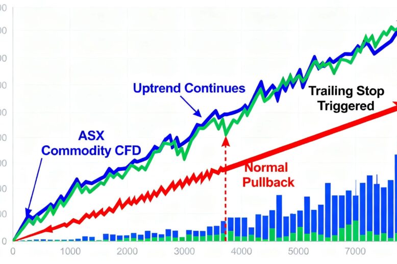 A bold financial trading scene showing an Australian ASX and commodity CFD uptrend continuing after a tight trailing stop is triggered during a normal pullback