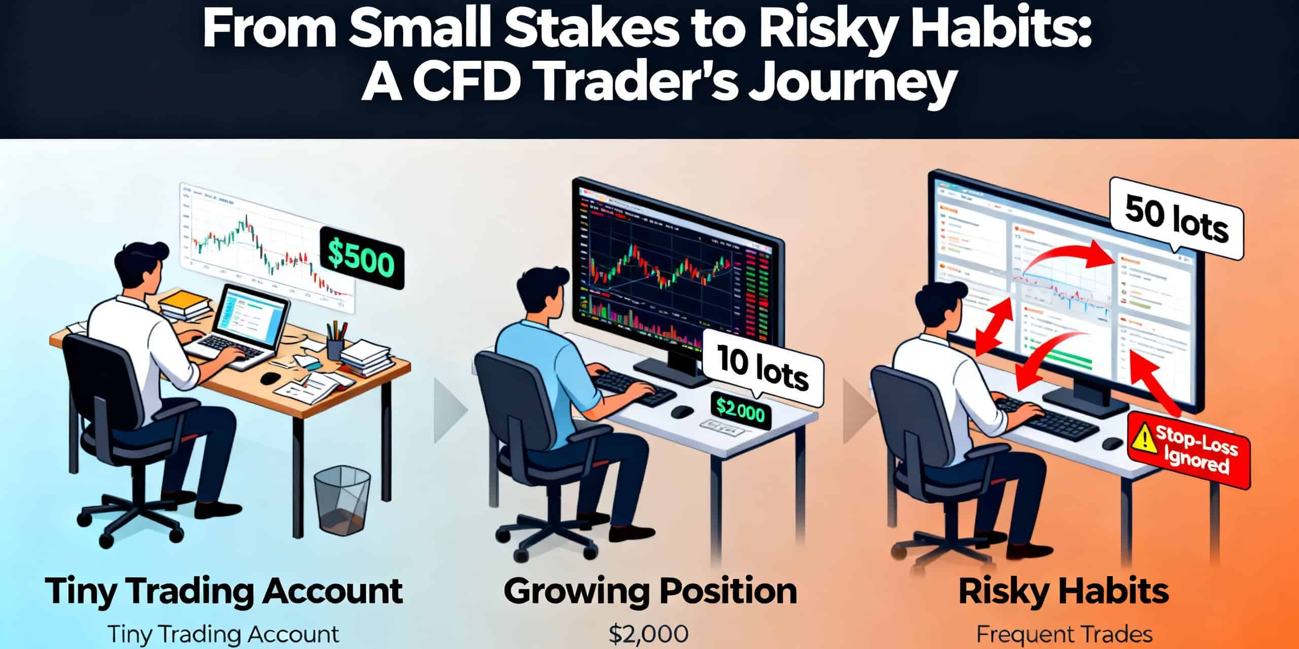 A retail CFD trader transitioning from a tiny trading account to a meaningful position, illustrating how small stakes can hide risky habits
