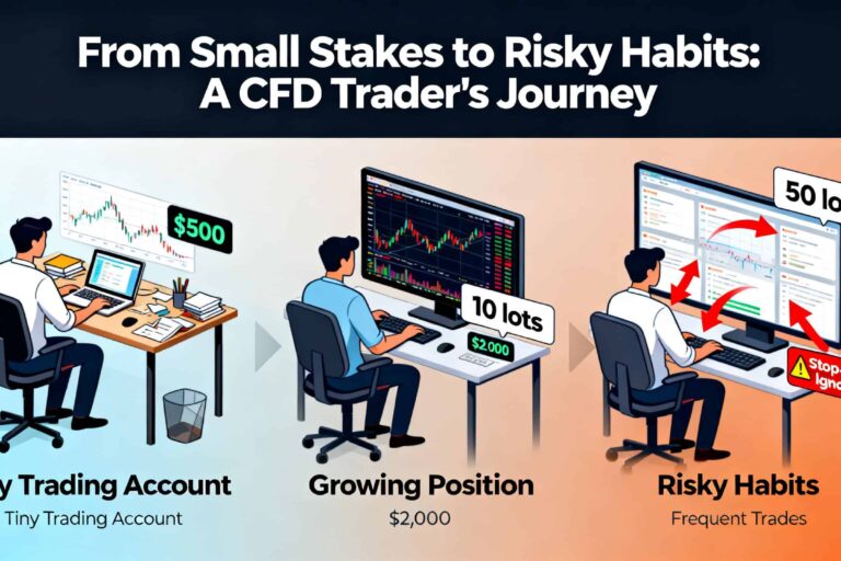 A retail CFD trader transitioning from a tiny trading account to a meaningful position, illustrating how small stakes can hide risky habits
