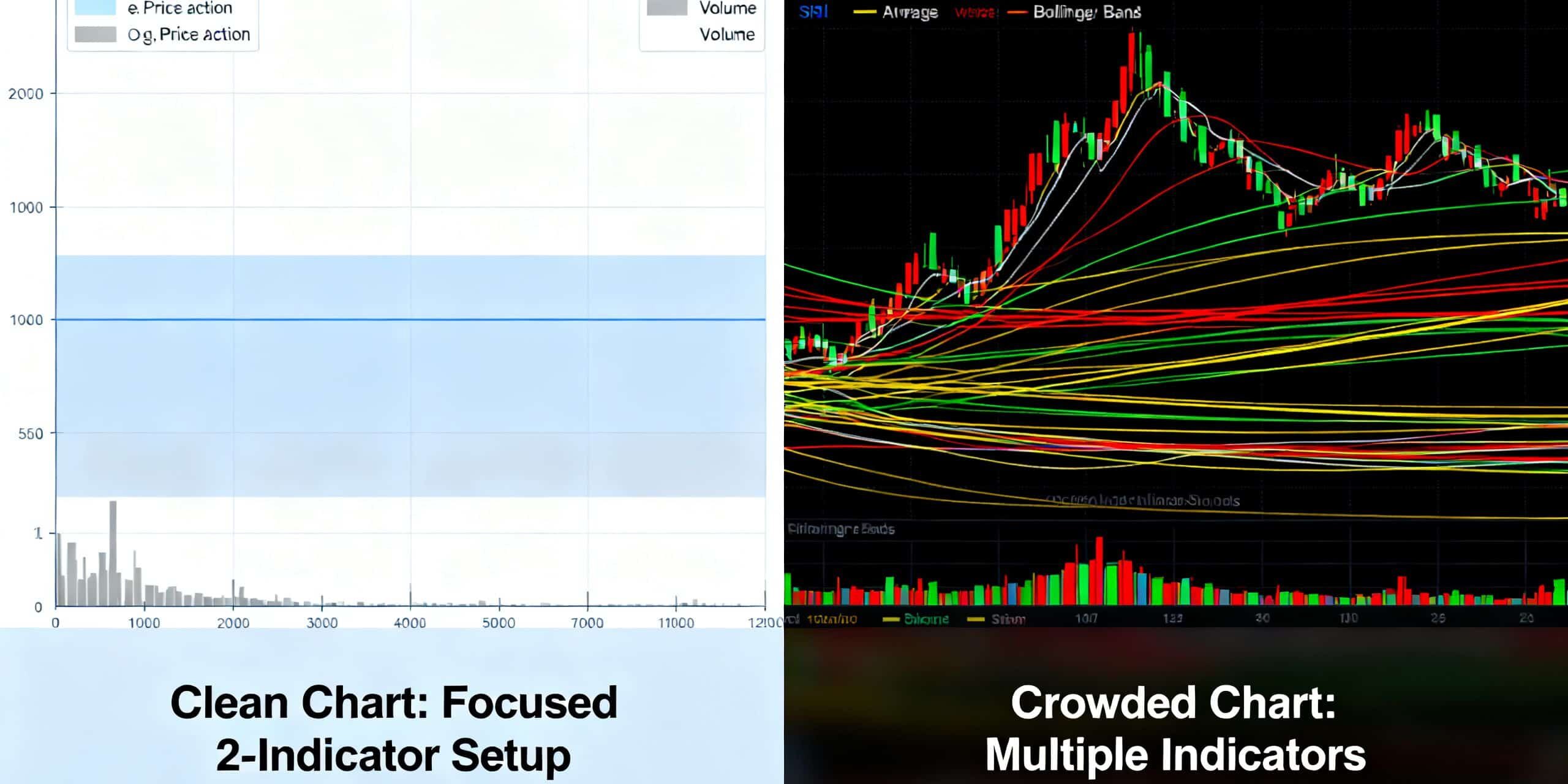 A clean trading chart contrasting a focused two-indicator setup with a crowded chart full of RSI, MACD, moving averages, and Bollinger Bands, illustrating false confluence and clearer decision-making