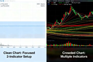 A clean trading chart contrasting a focused two-indicator setup with a crowded chart full of RSI, MACD, moving averages, and Bollinger Bands, illustrating false confluence and clearer decision-making