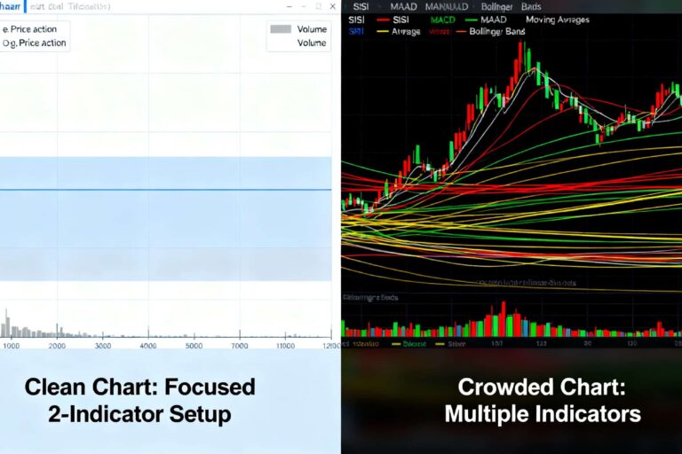 A clean trading chart contrasting a focused two-indicator setup with a crowded chart full of RSI, MACD, moving averages, and Bollinger Bands, illustrating false confluence and clearer decision-making